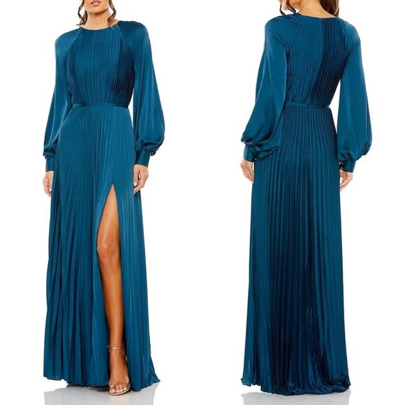 Mac Duggal Pleated High Neck Raglan Long Sleeve Side Slit Gown Size 2 - Picture 1 of 7